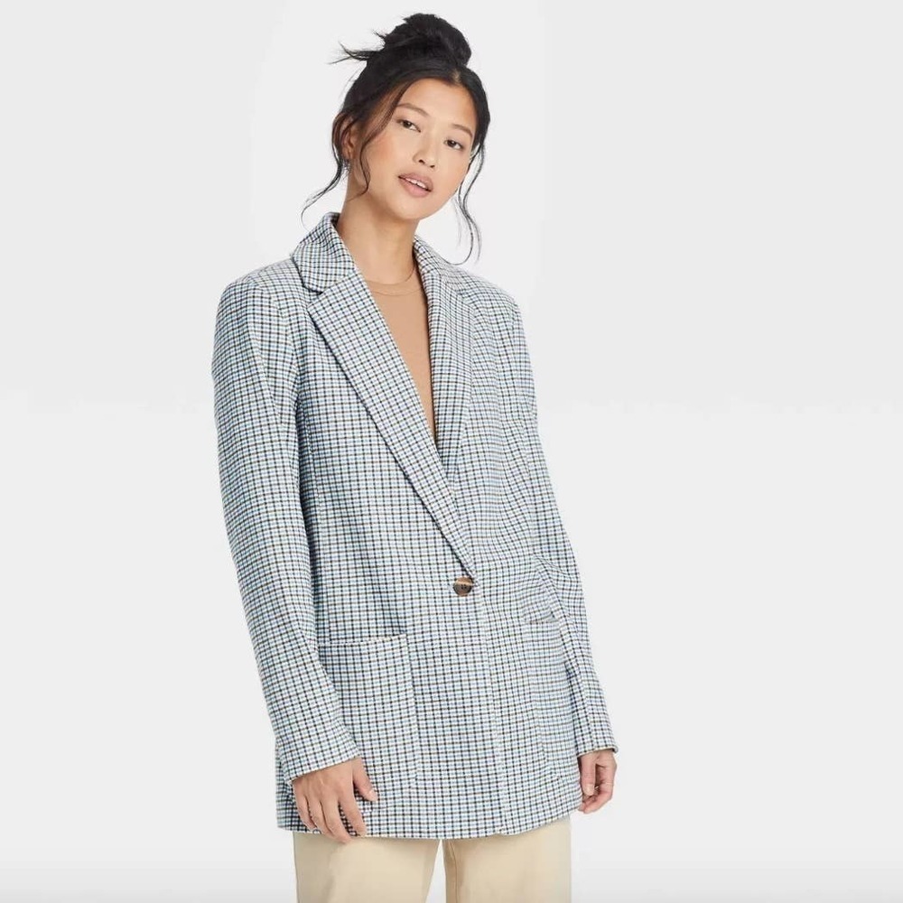 A New Day Plaid Oversized Blazer Women's XXL Blue Grey